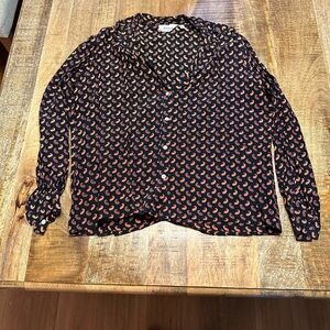 Adrianna Papell Black Silk Blouse with Coral and Purple Paisley 100% silk